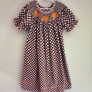 Girls' Brown Polka Dot Smocked Dress with Orange Floral Embroidery